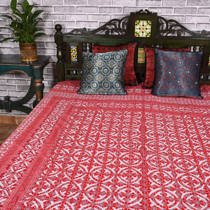 Red Spire Ajrakh Applique Bed Cover