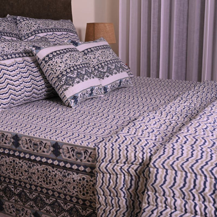 Blue Chevron Block Print Cotton Quilted Bedding Set