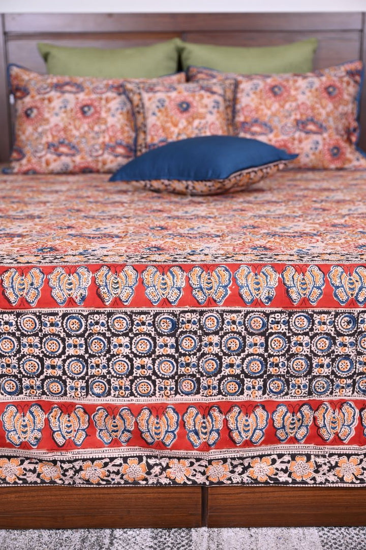Beige-Blue-Kalamkari-bedsheet-Indian-bedspreads