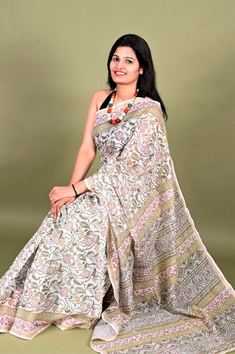 Ivory Jaal Hand Block Chanderi Silk Saree: House Of Elegance