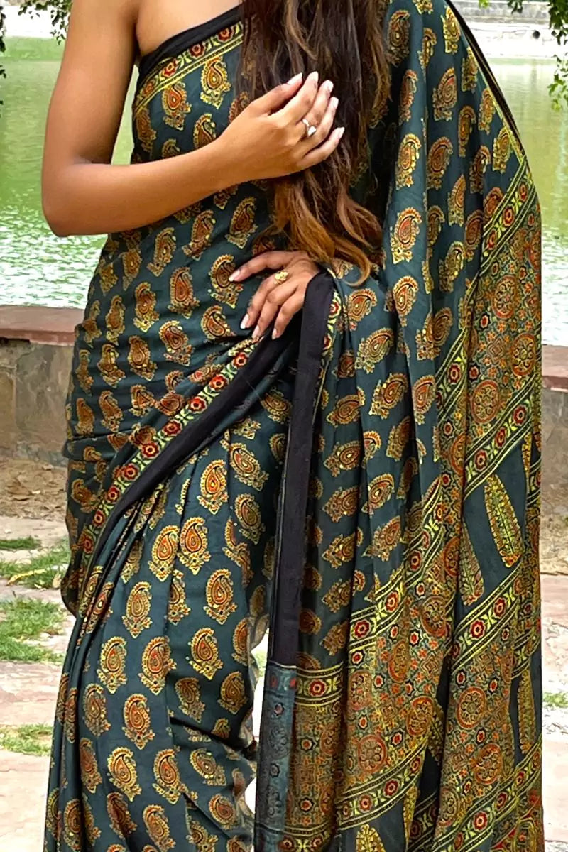 Green Paisley Ajrakh Modal Silk Saree