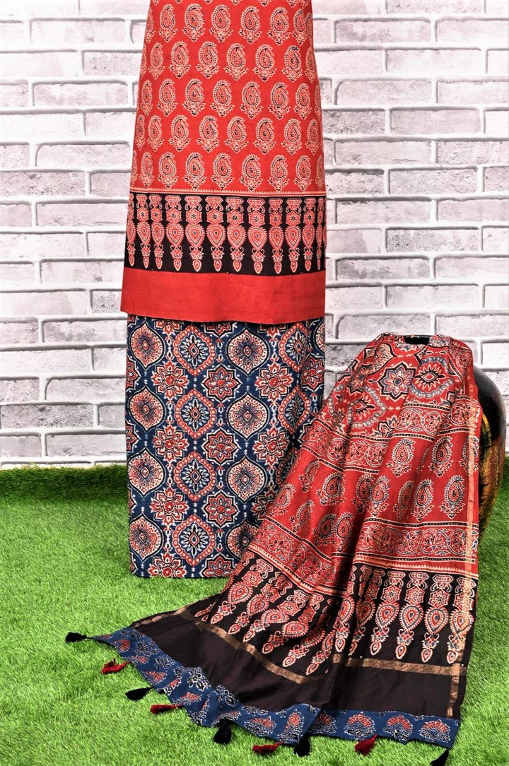 Red Indigo String Unstitched Cotton Chanderi Ajrakh Print Suit