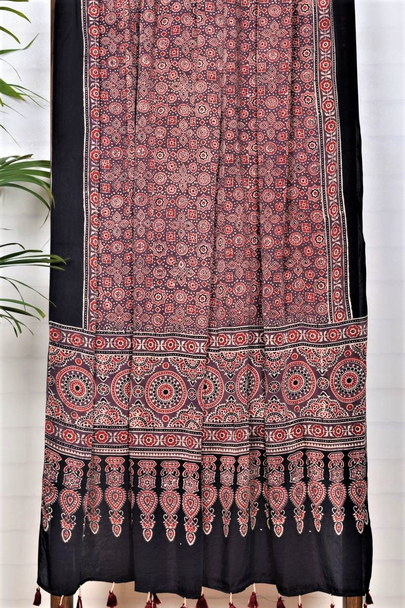 Mahogany Minkundi Modal Silk Ajrakh Dupatta