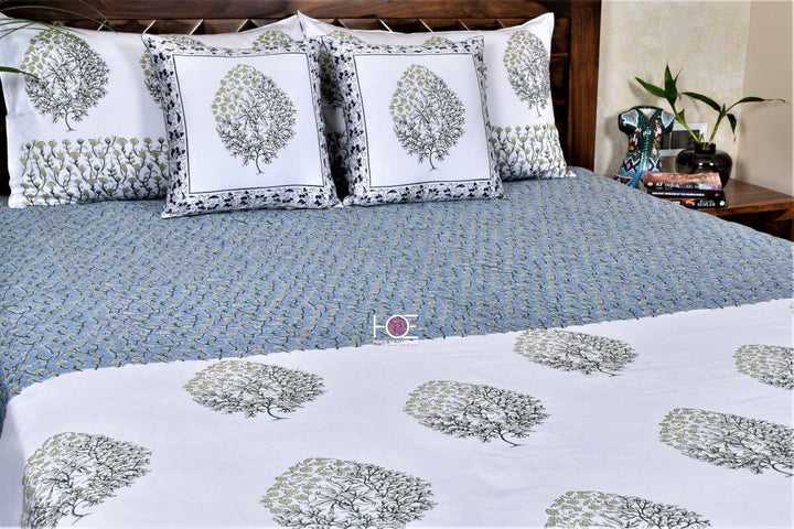 Tree Impression Block Print Cotton Quilted Bedding Set