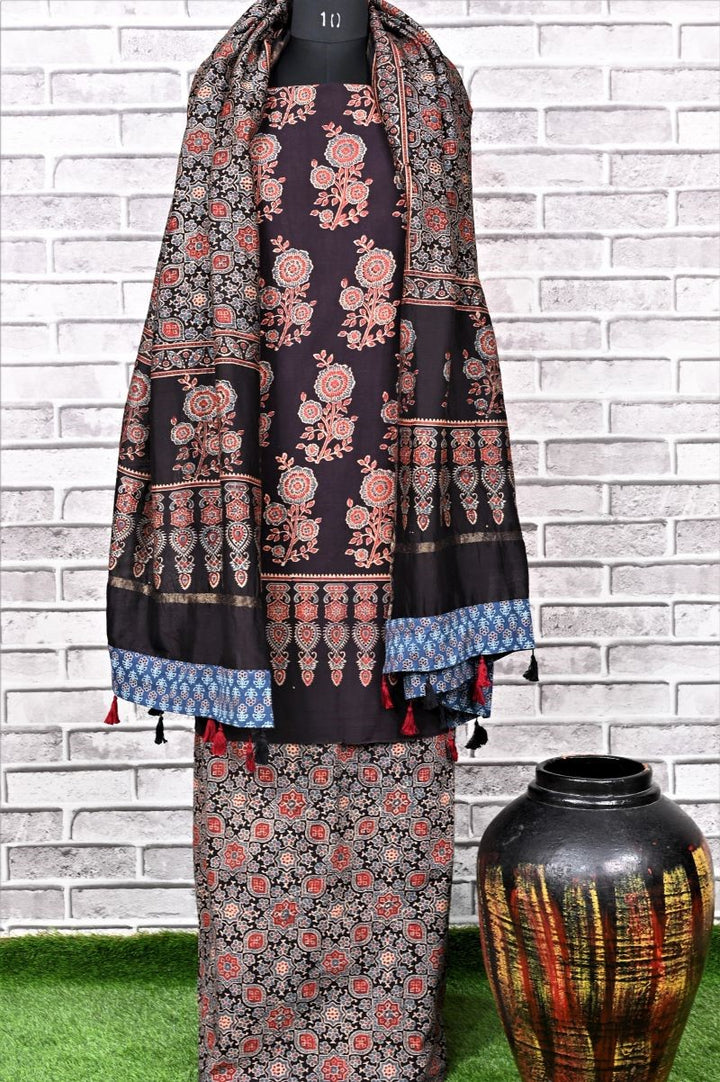 Black Corsage Unstitched Cotton Chanderi Ajrakh Print Suit