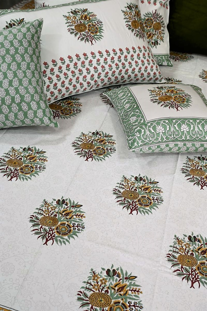 Green-Sanganeri-Print-Bedsheet-cotton-bed-linen