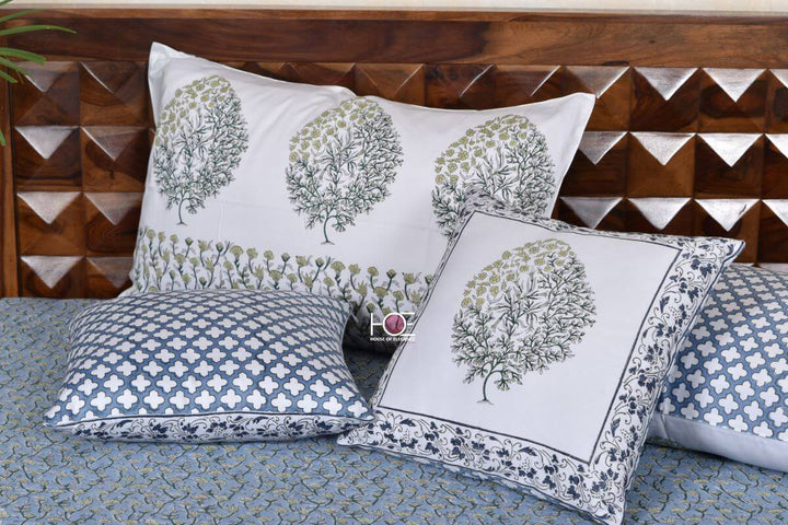 Tree Impression Block Print Cotton Quilted Bedding Set