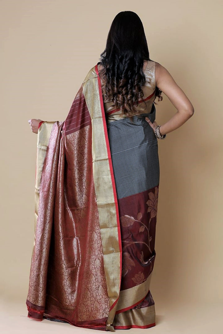 Black Maroon Banarasi Tussar Silk Saree by House of Elegance