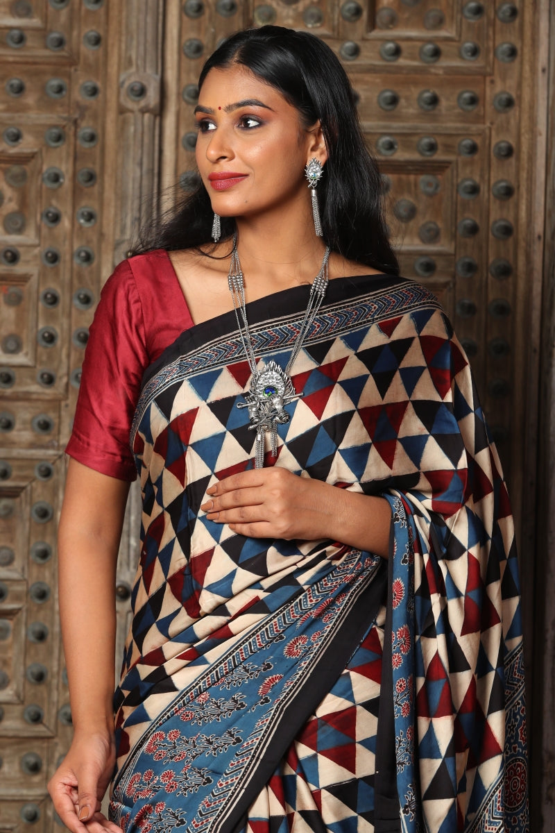 Blue Red Ajrakh Modal Silk Saree