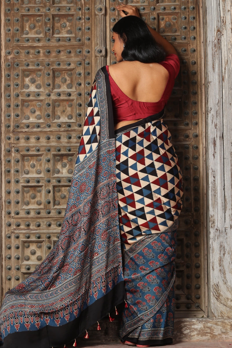 Indigo Modal Silk Ajrakh Saree