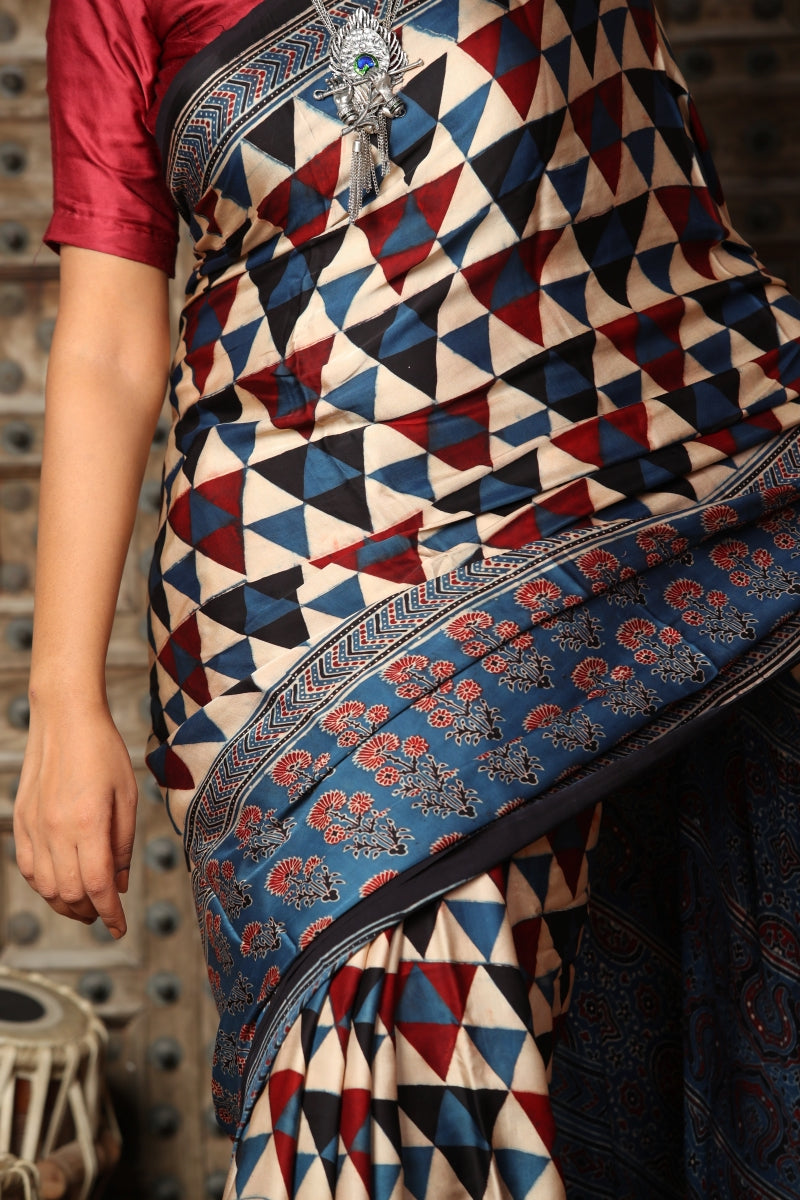 Blue Red Modal Silk Ajrakh Saree