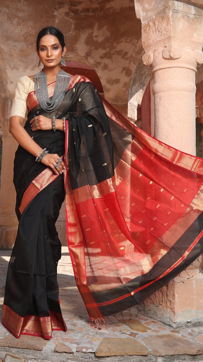 PURE SILK BATIK WORK BLACK AND RED COMBINATION SAREE – ShopBollyWear.Com