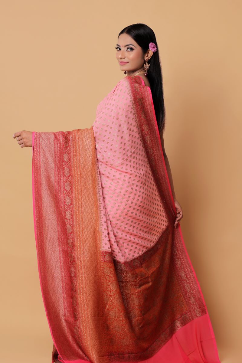 Subtle Pink Pure Cotton Small Temple Border Handwoven Saree - Loomfolks