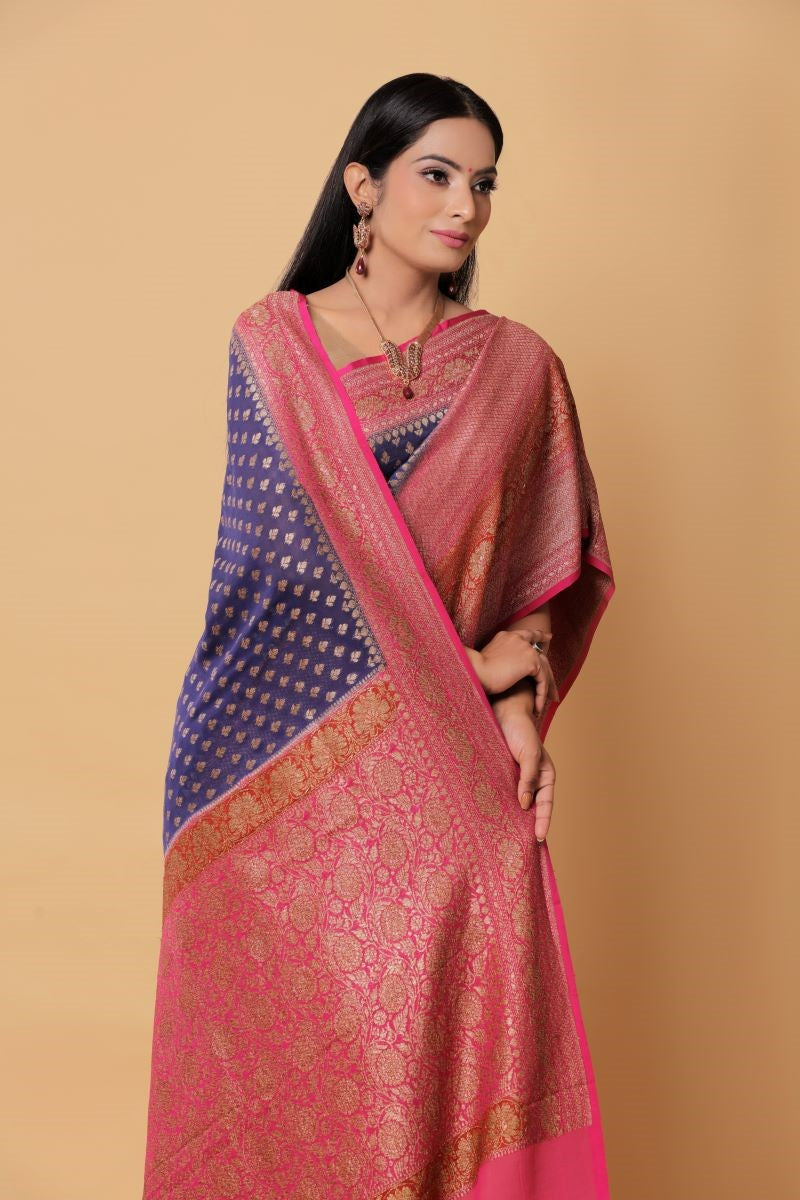 Deep Pink Georgette Banarasi Saree With Floral Weaving | Singhania's