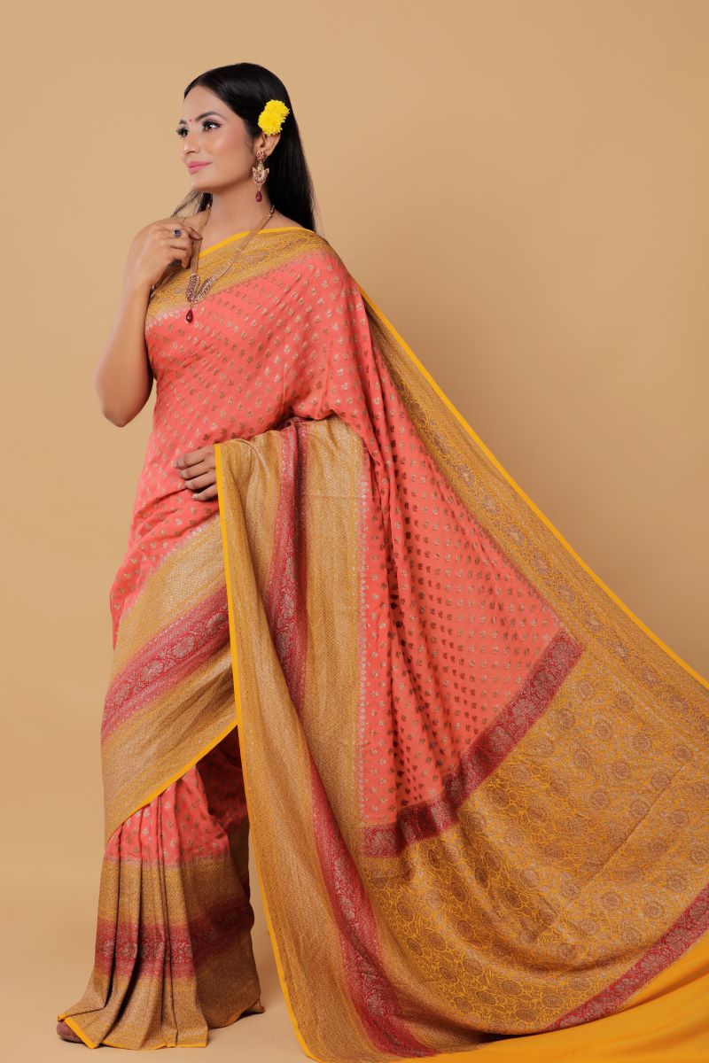 Pink-yellow-Banarasi-Georgette-Silk-Saree