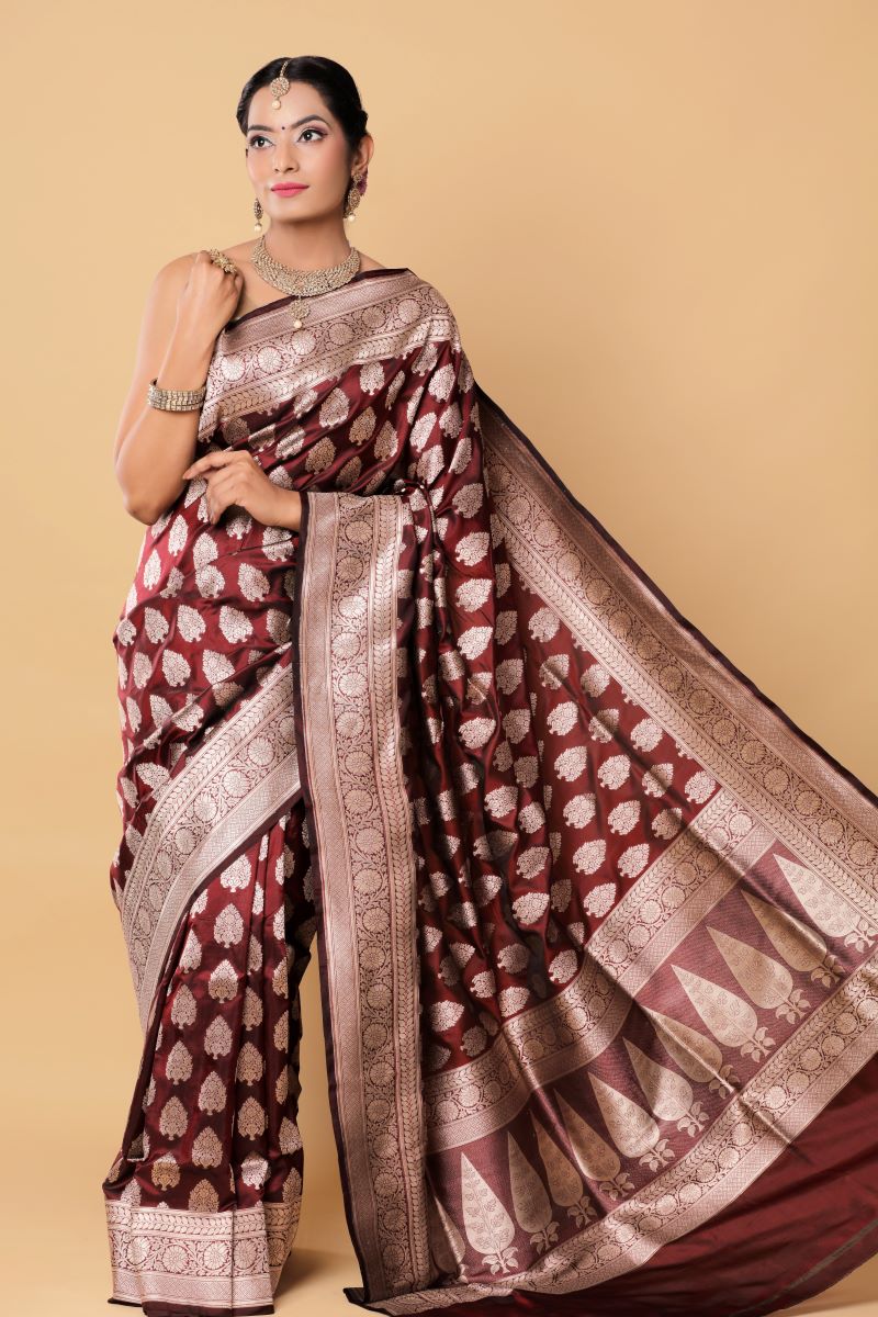 Buy Silver Wine Banarasi Katan Silk Saree House Of Elegance House Of Elegance Style That Inspires