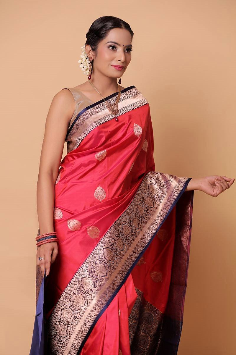 Neha and Tarun Pure Katan Silk Satin Saree With Blouse | Red, Pure Katan  Silk, Mandarin, Elbow | Red saree, Satin saree, Saree designs