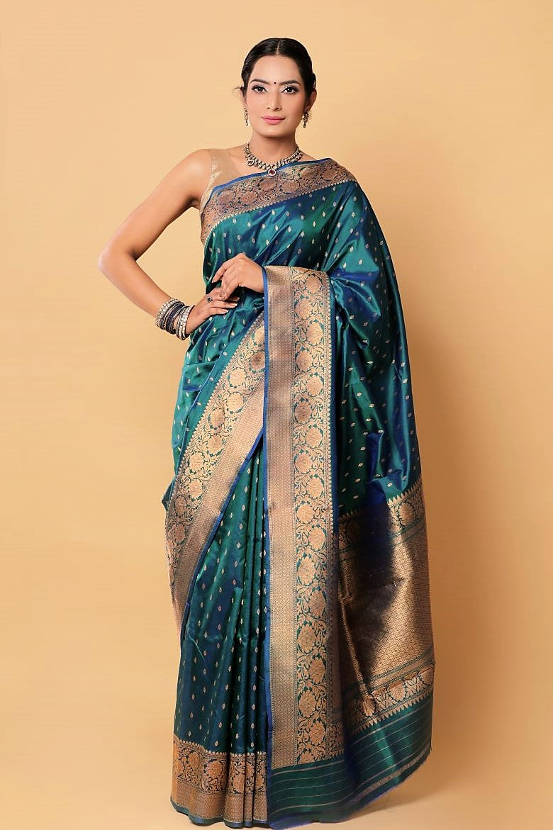 Green-Royal Blue Pure Katan Silk Banarasi Handloom Saree - Tilfi