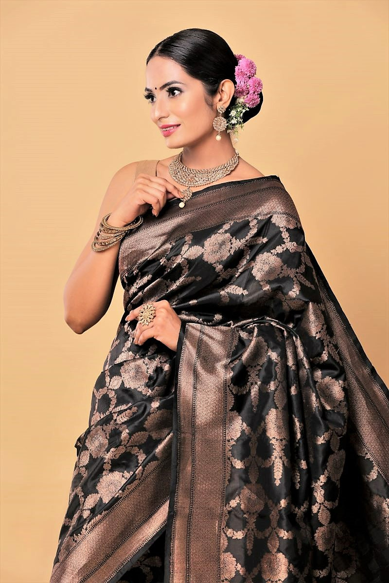 Woodsmoke Black Banarasi Raw Silk Saree – MySilkLove