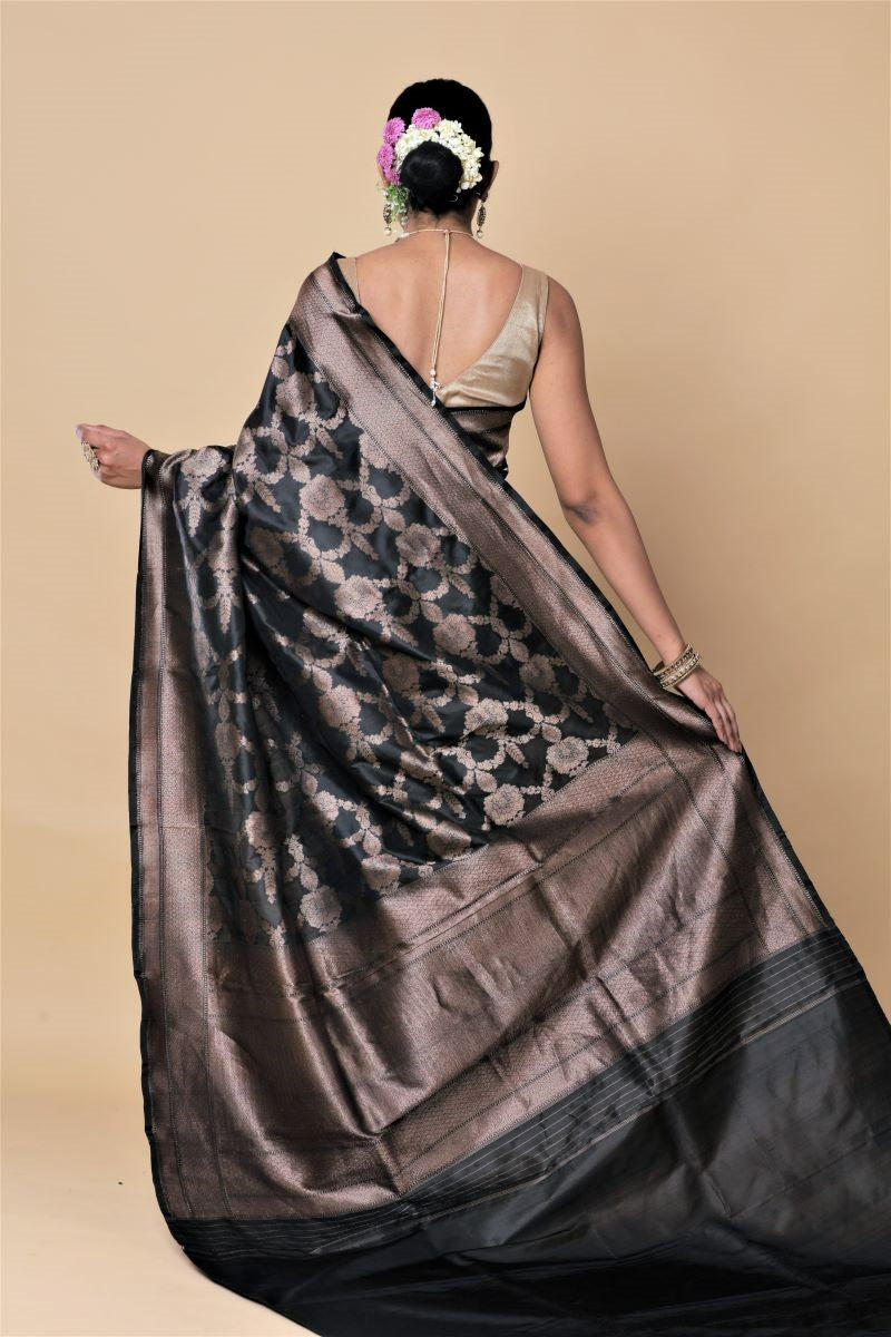 Black and carmine bagru print chanderi silk saree online | Kiran's Boutique