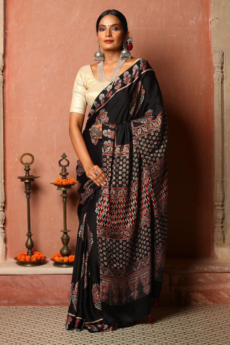 Black Ajrakh Modal Silk Saree