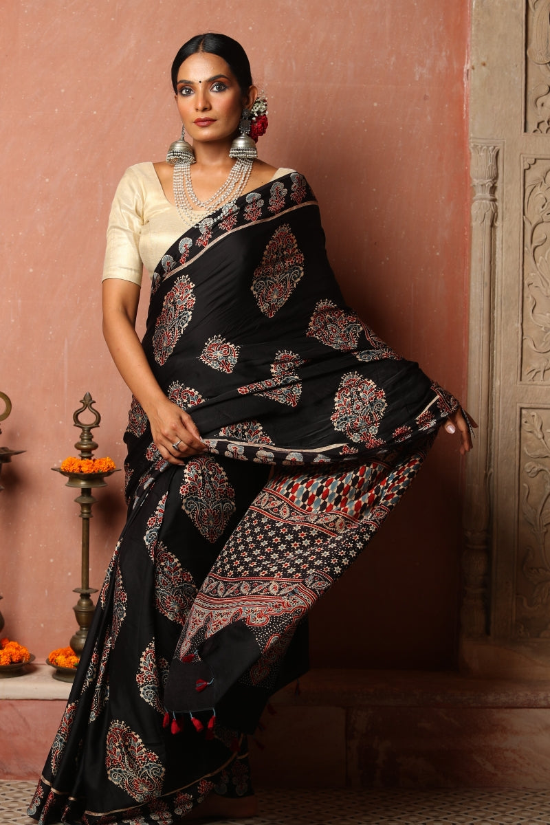 Black Modal Silk Ajrakh Saree