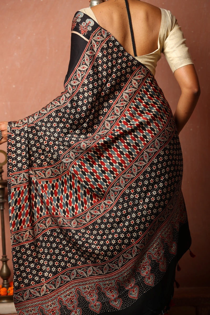 Black Ajrakh Modal Silk Saree