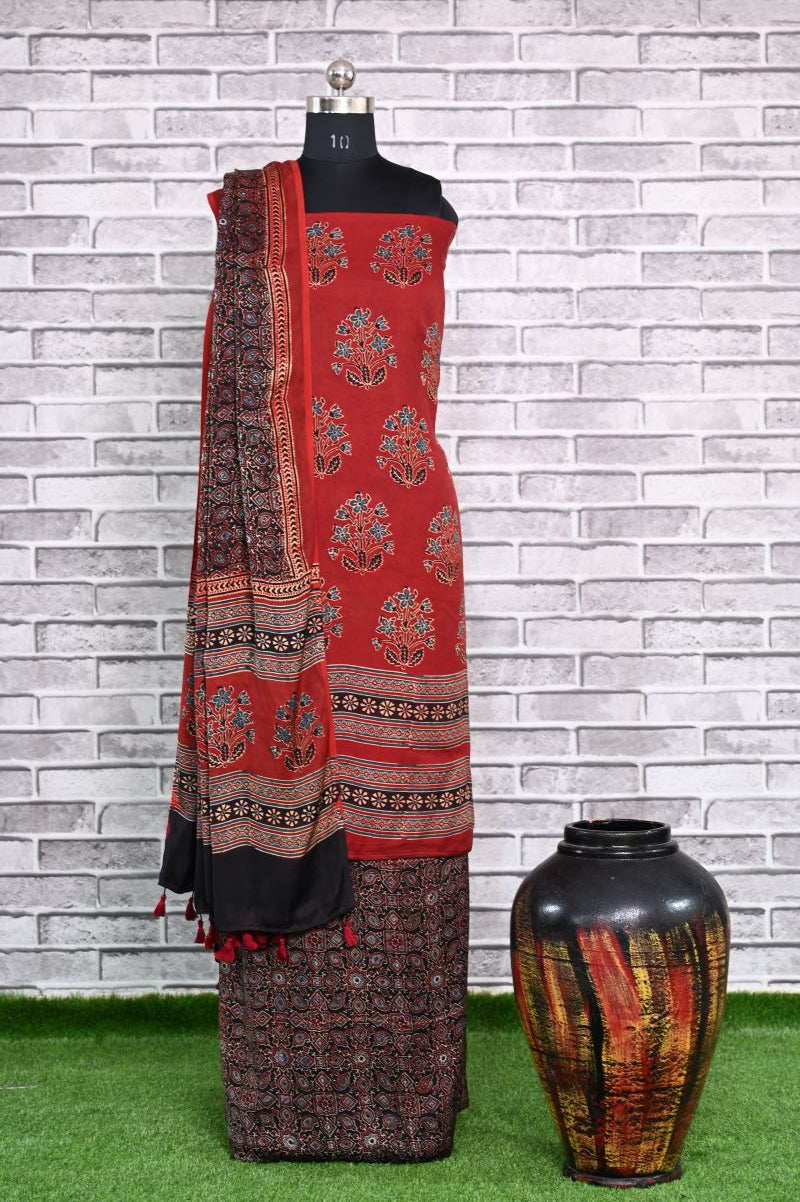 Red Black Corsage Unstitched Modal Silk Ajrakh Print Suit