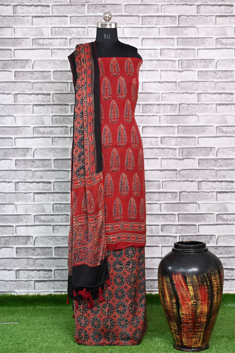 Red Asopalav Unstitched Modal Silk Ajrakh Print Suit