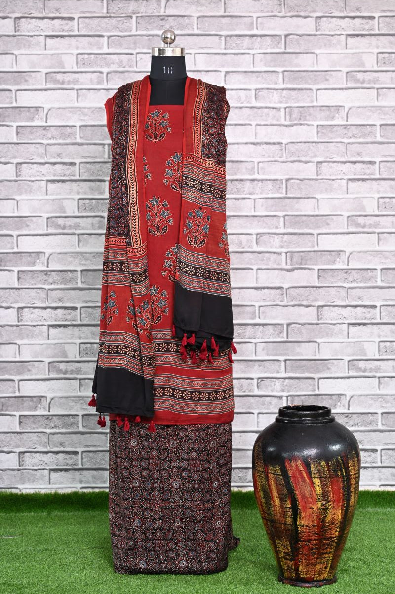 Red Black Corsage Unstitched Modal Silk Ajrakh Print Suit