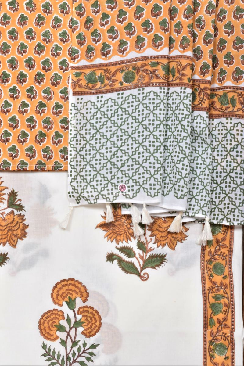 Mustard White Aztec / Cotton | Sanganeri | 3 Pcs Suit - Handcrafted Home decor and Lifestyle Products