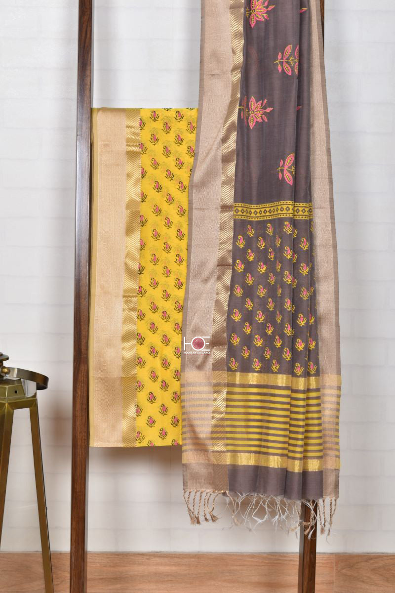Grey Impression on Yellow / SiCo | Maheshwari Hand Block | 2 Pcs Suit - Handcrafted Home decor and Lifestyle Products
