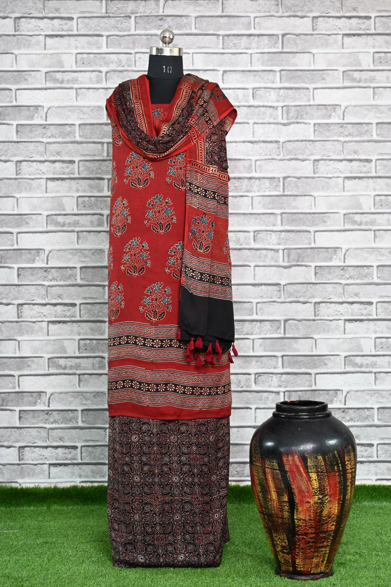 Red Black Corsage Unstitched Modal Silk Ajrakh Print Suit