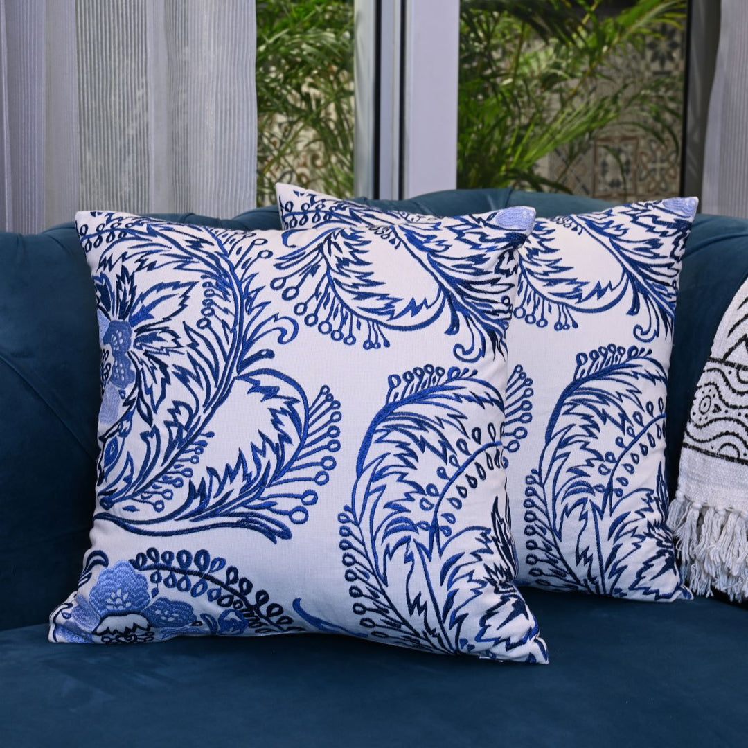 Blue Silk Thread Cotton Embroidered Cushion Cover