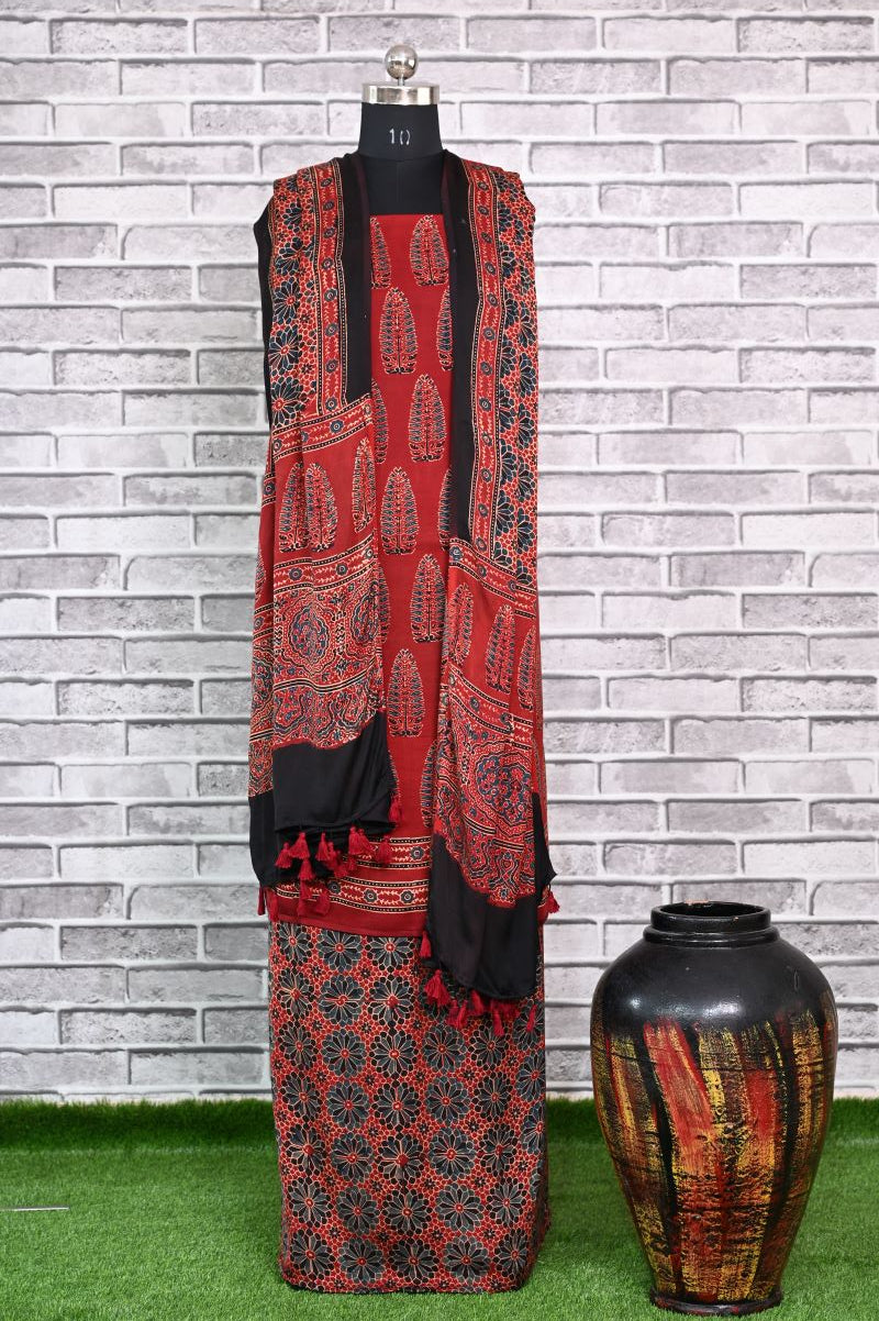 Red Asopalav Unstitched Modal Silk Ajrakh Print Suit