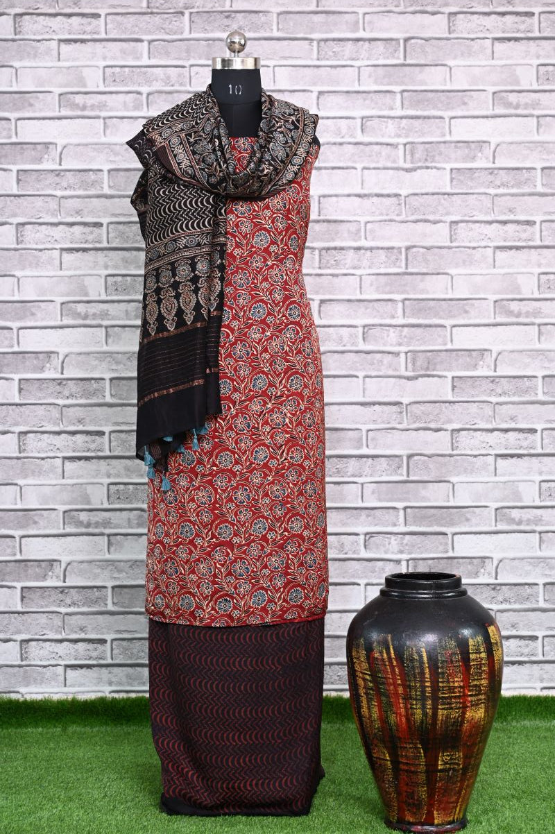 Red Chevron Unstitched Modal Silk Chanderi Ajrakh Print Suit