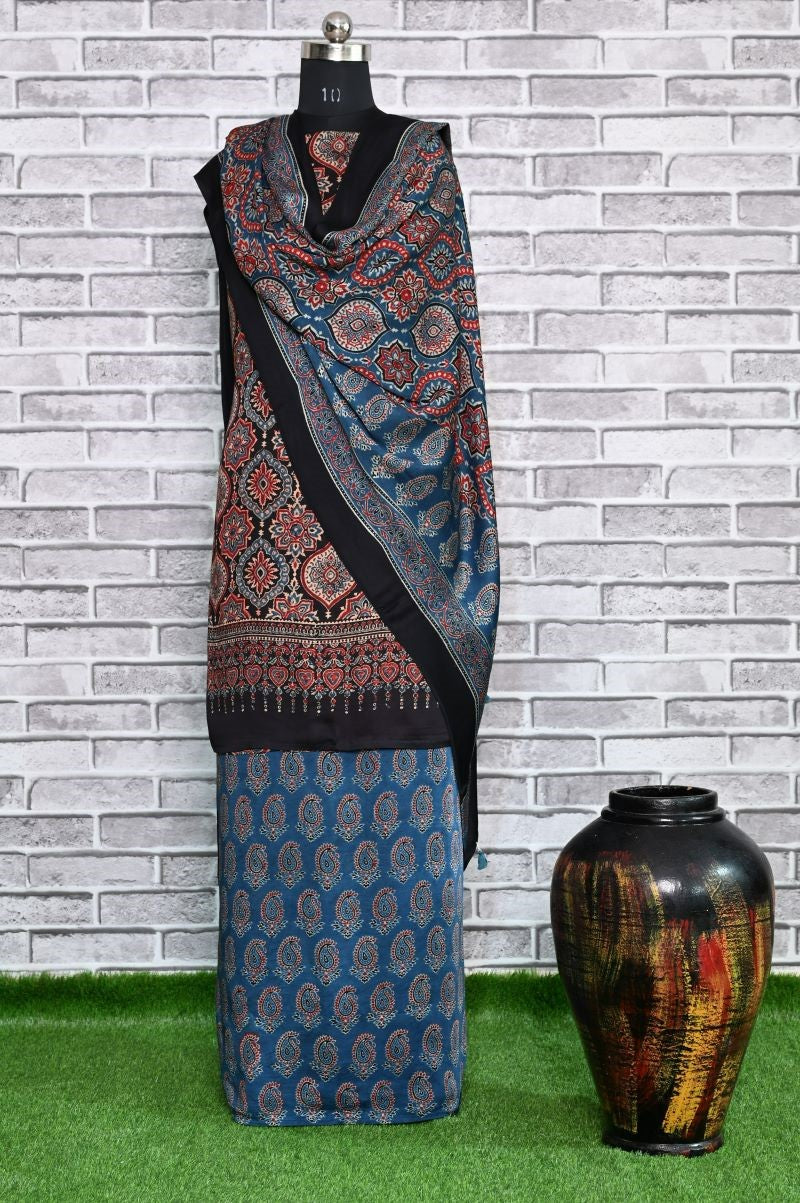 String Paisley Unstitched Modal Silk Ajrakh Print Suit
