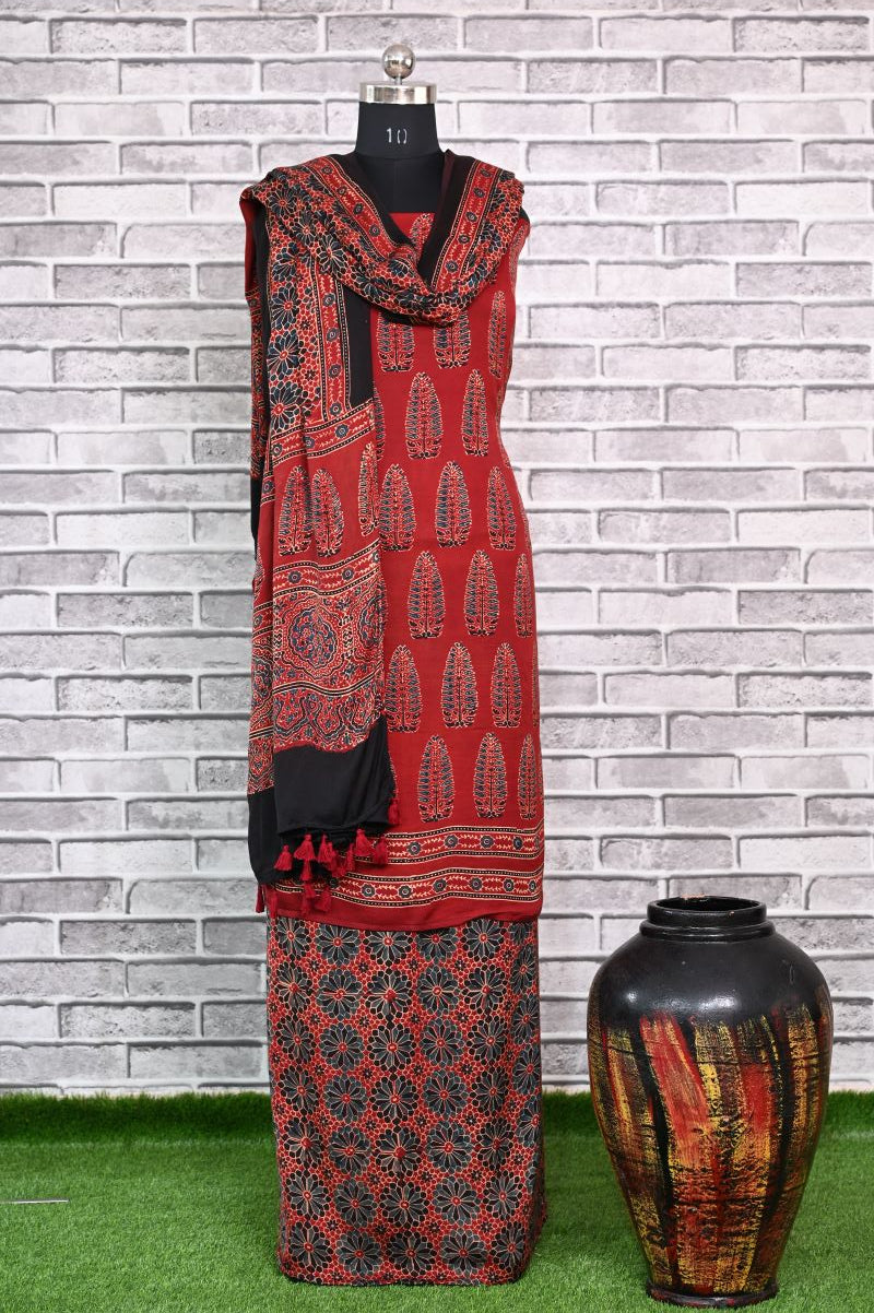 Red Asopalav Unstitched Modal Silk Ajrakh Print Suit