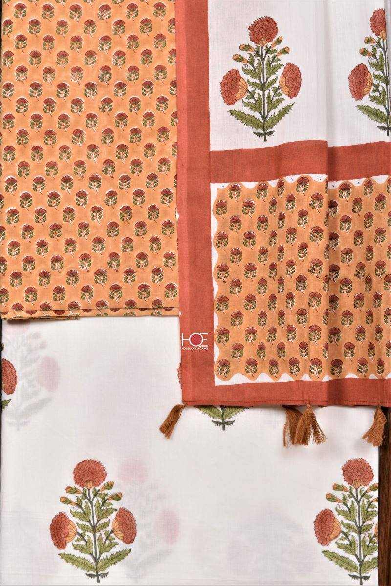 Mustard White Booti / Cotton | Sanganeri | 3 Pcs Suit - Handcrafted Home decor and Lifestyle Products
