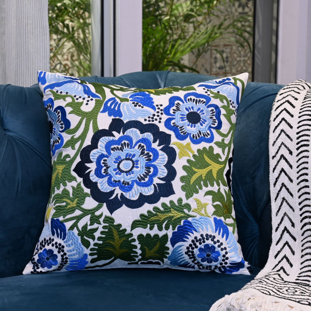 Blue Green Cotton Embroidered Cushion Cover