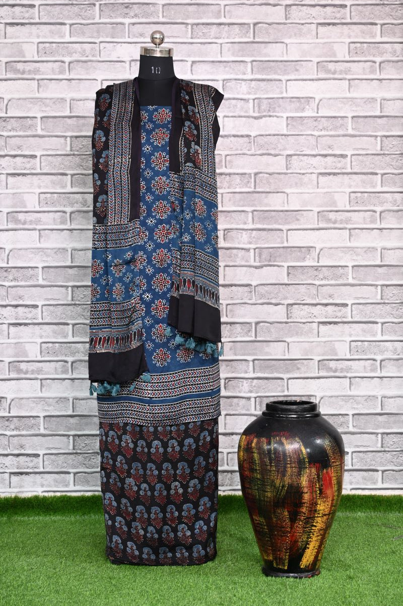 Indigo Choufal Unstitched Modal Silk Ajrakh Print Suit~HouseOfElegance –  House Of Elegance - Style That Inspires