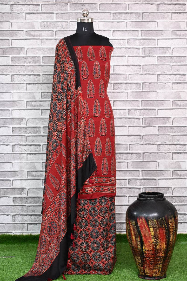 Red Asopalav Unstitched Modal Silk Ajrakh Print Suit