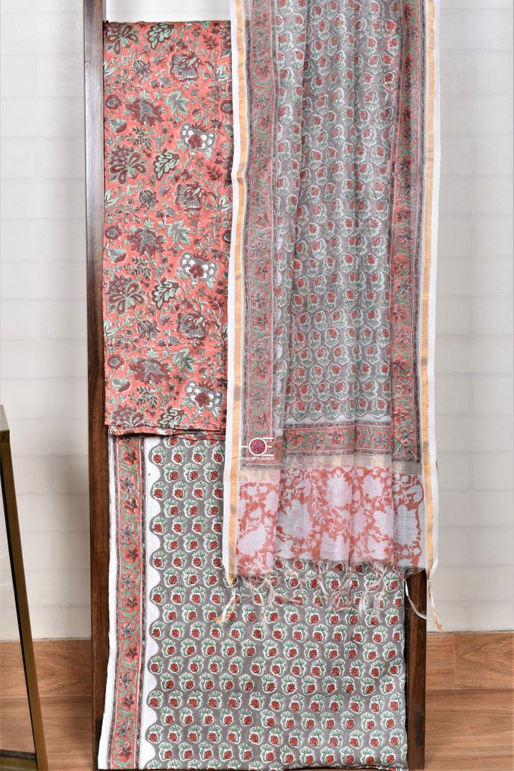 Floral Peach Grey / Modal Silk | Sanganeri | 3 Pcs Suit - Handcrafted Home decor and Lifestyle Products