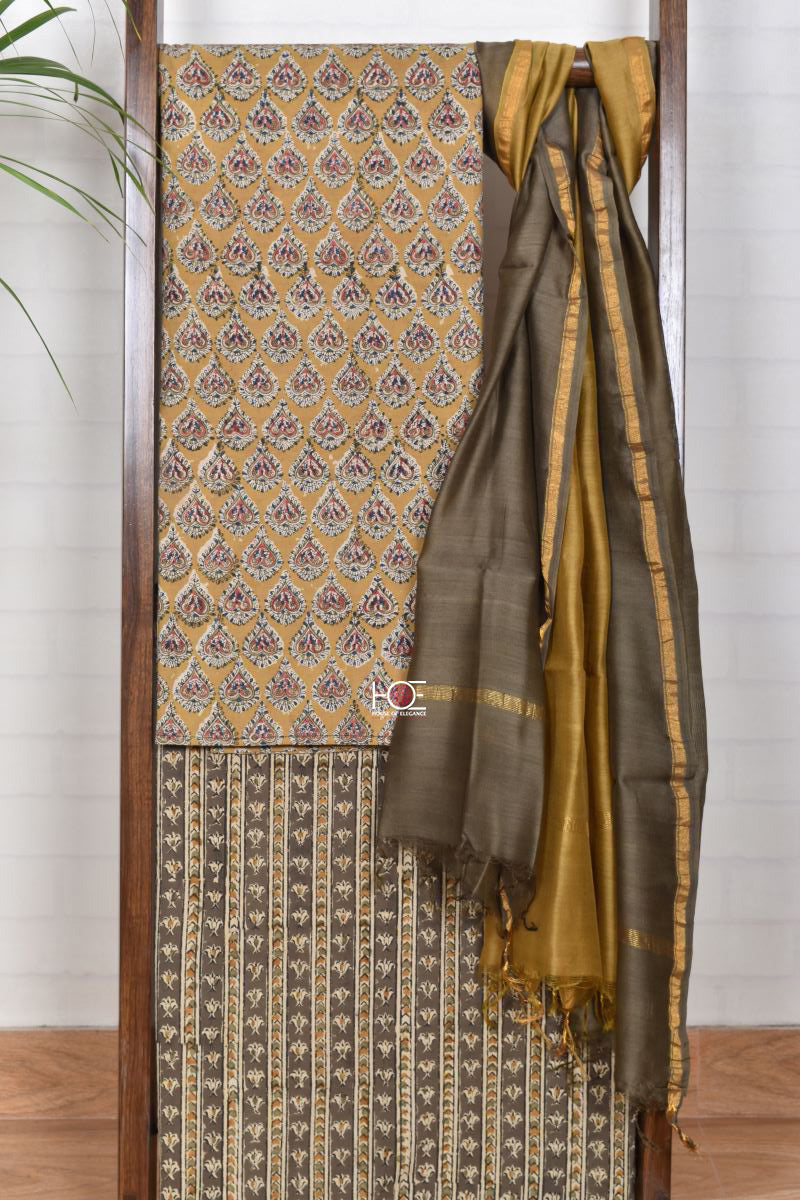 Mustard Khaki Booti Stripe / Cotton & Chanderi | Kalamkari | 3 Pcs Suit - Handcrafted Home decor and Lifestyle Products