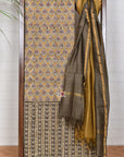 Mustard Khaki Booti Stripe / Cotton & Chanderi | Kalamkari | 3 Pcs Suit - Handcrafted Home decor and Lifestyle Products