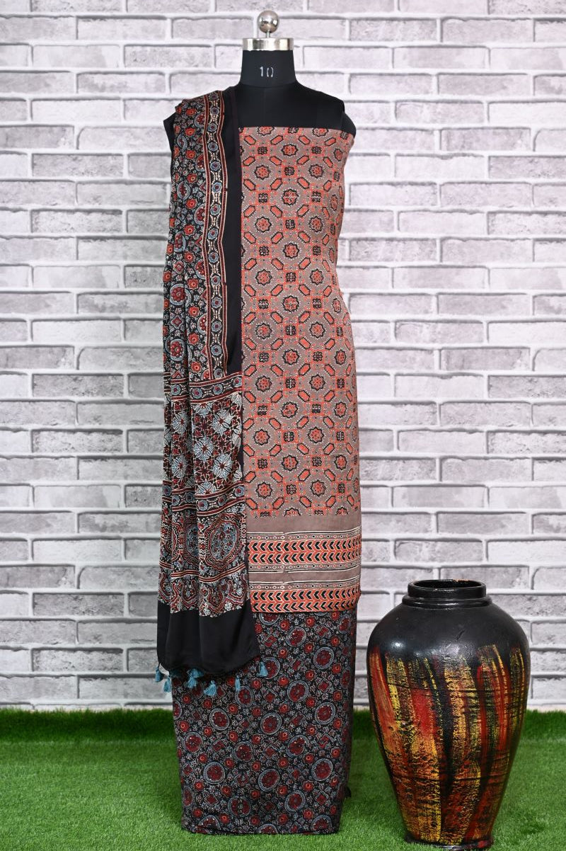 Riyal Challo Unstitched Modal Silk Ajrakh Print Suit
