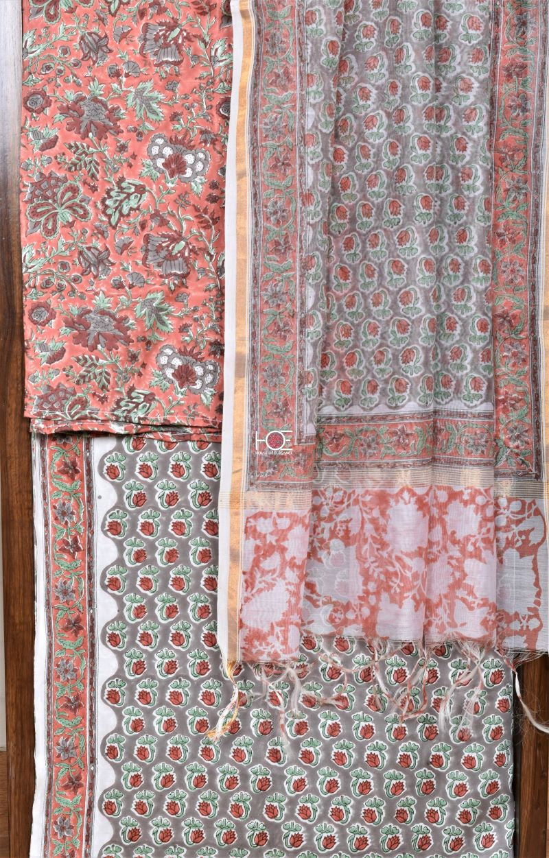 Floral Peach Grey / Modal Silk | Sanganeri | 3 Pcs Suit - Handcrafted Home decor and Lifestyle Products