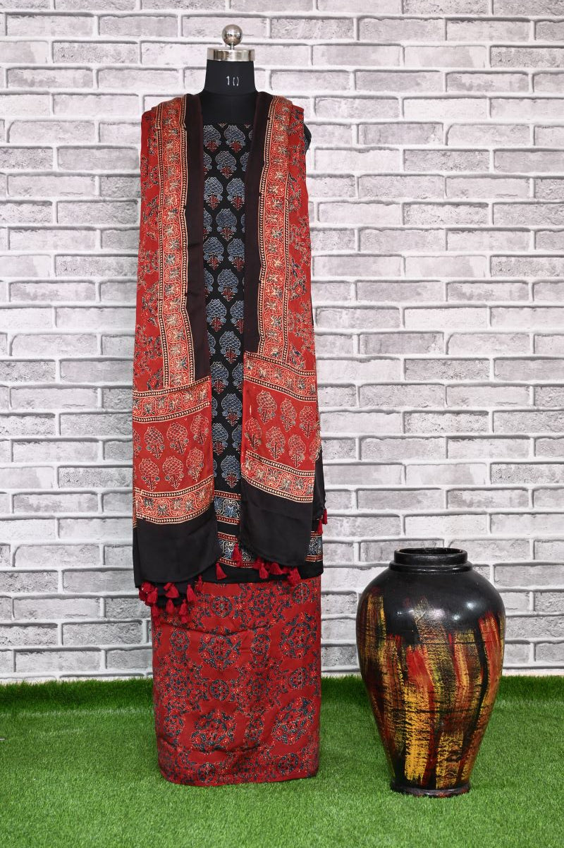 Black Red Kamal Unstitched Modal Silk Ajrakh Print Suit