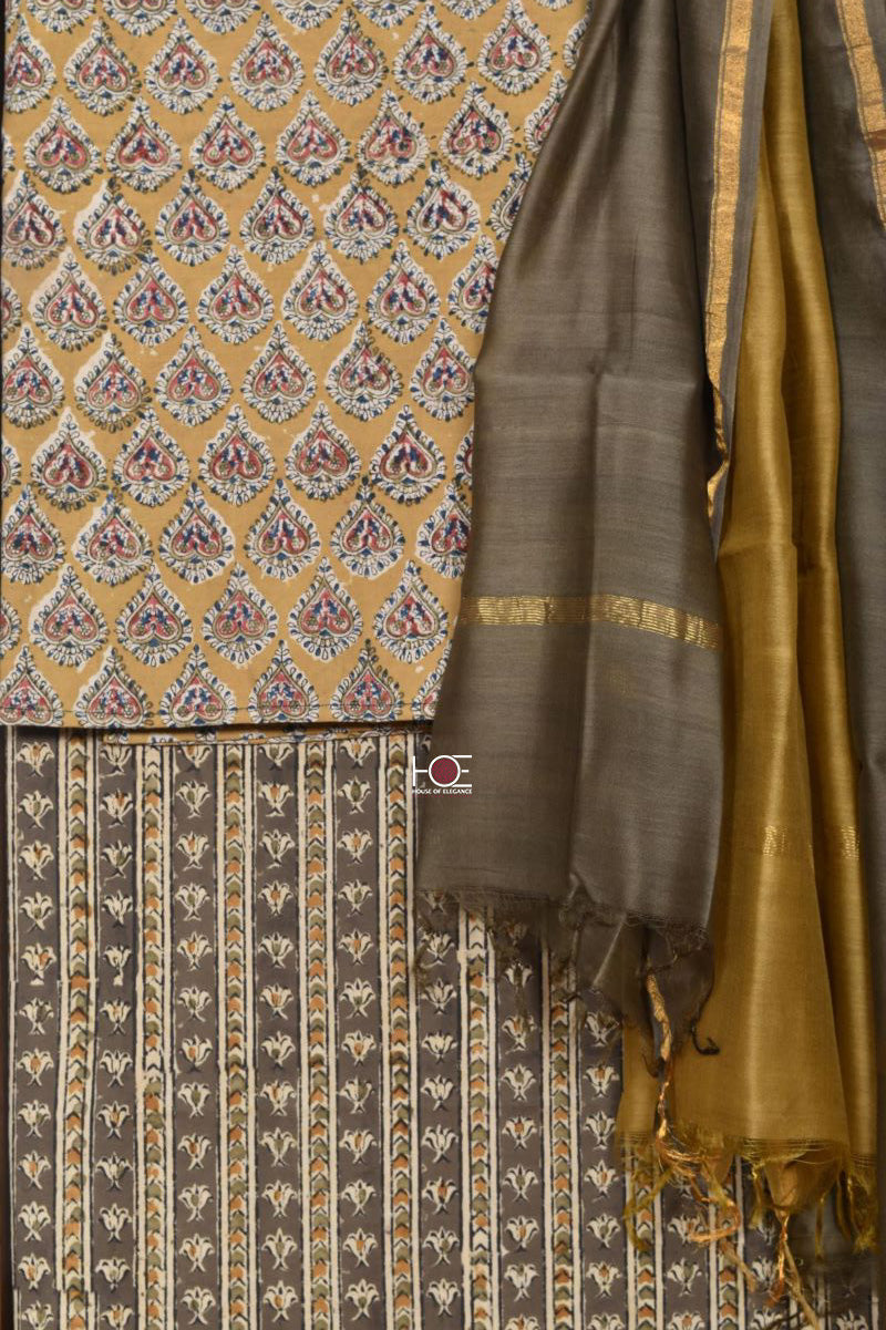 Mustard Khaki Booti Stripe / Cotton & Chanderi | Kalamkari | 3 Pcs Suit - Handcrafted Home decor and Lifestyle Products