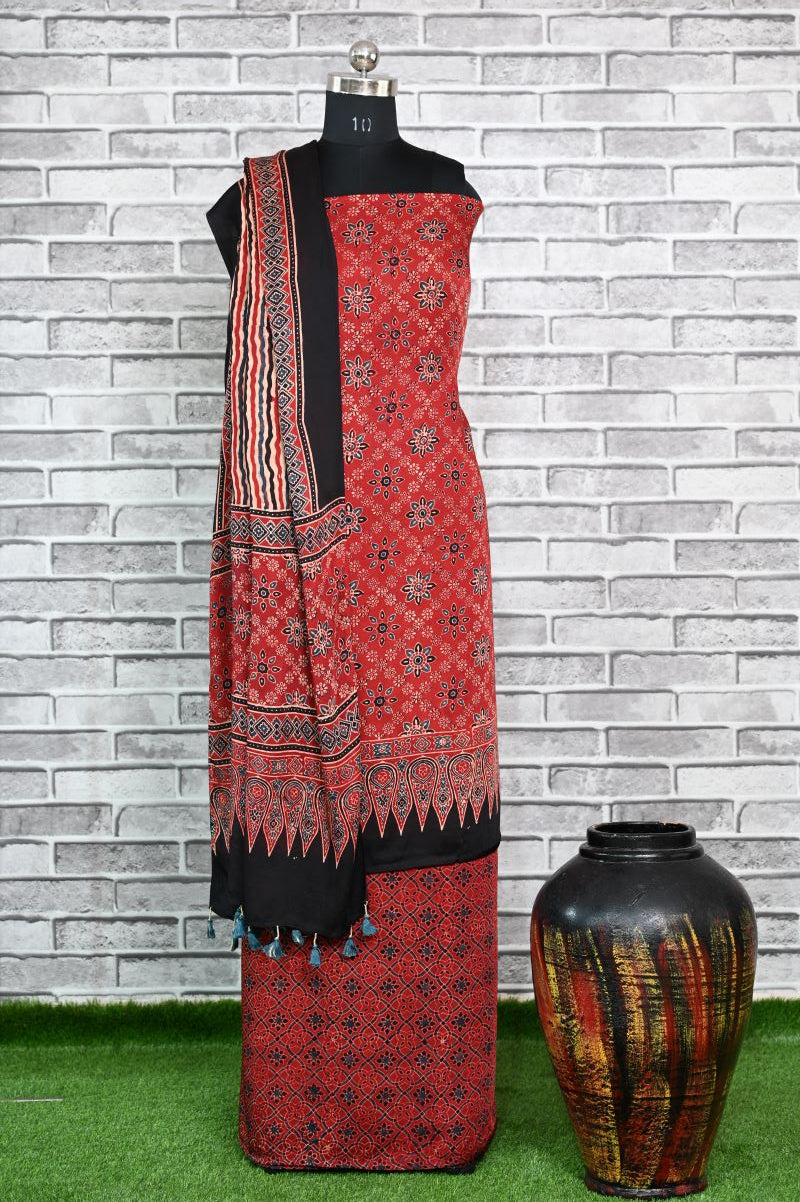 Red Floral Stria Unstitched Modal Silk Ajrakh Print Suit